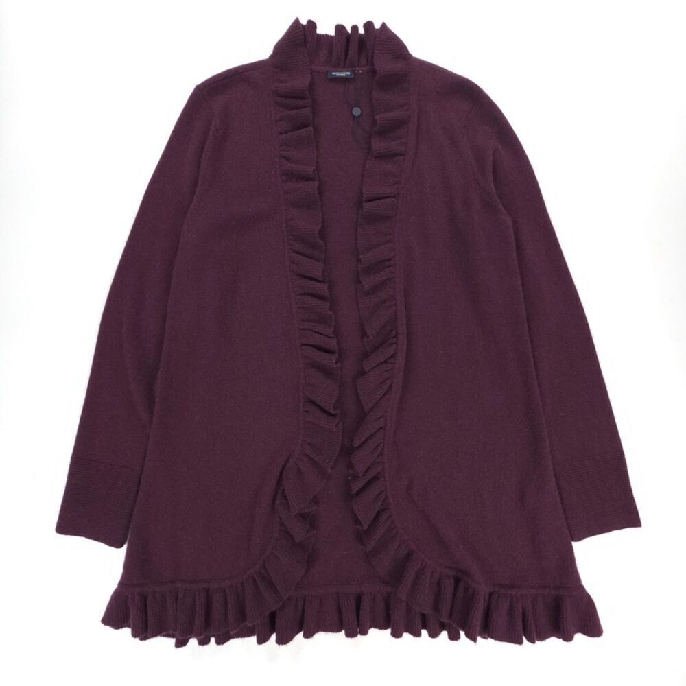 NEW Magaschoni 100% Cashmere Ruffled Cardigan Burgundy Old Money Quiet Luxury